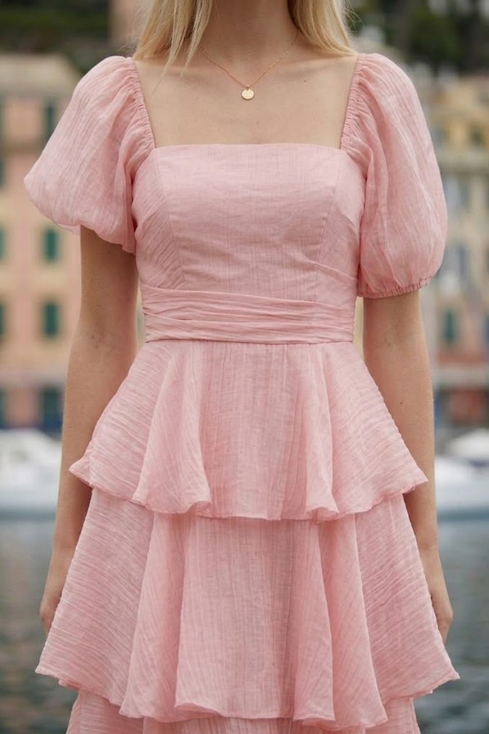 Pink A Line Square Neck Long prom Dress with Ruffles