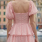 Pink A Line Square Neck Long prom Dress with Ruffles