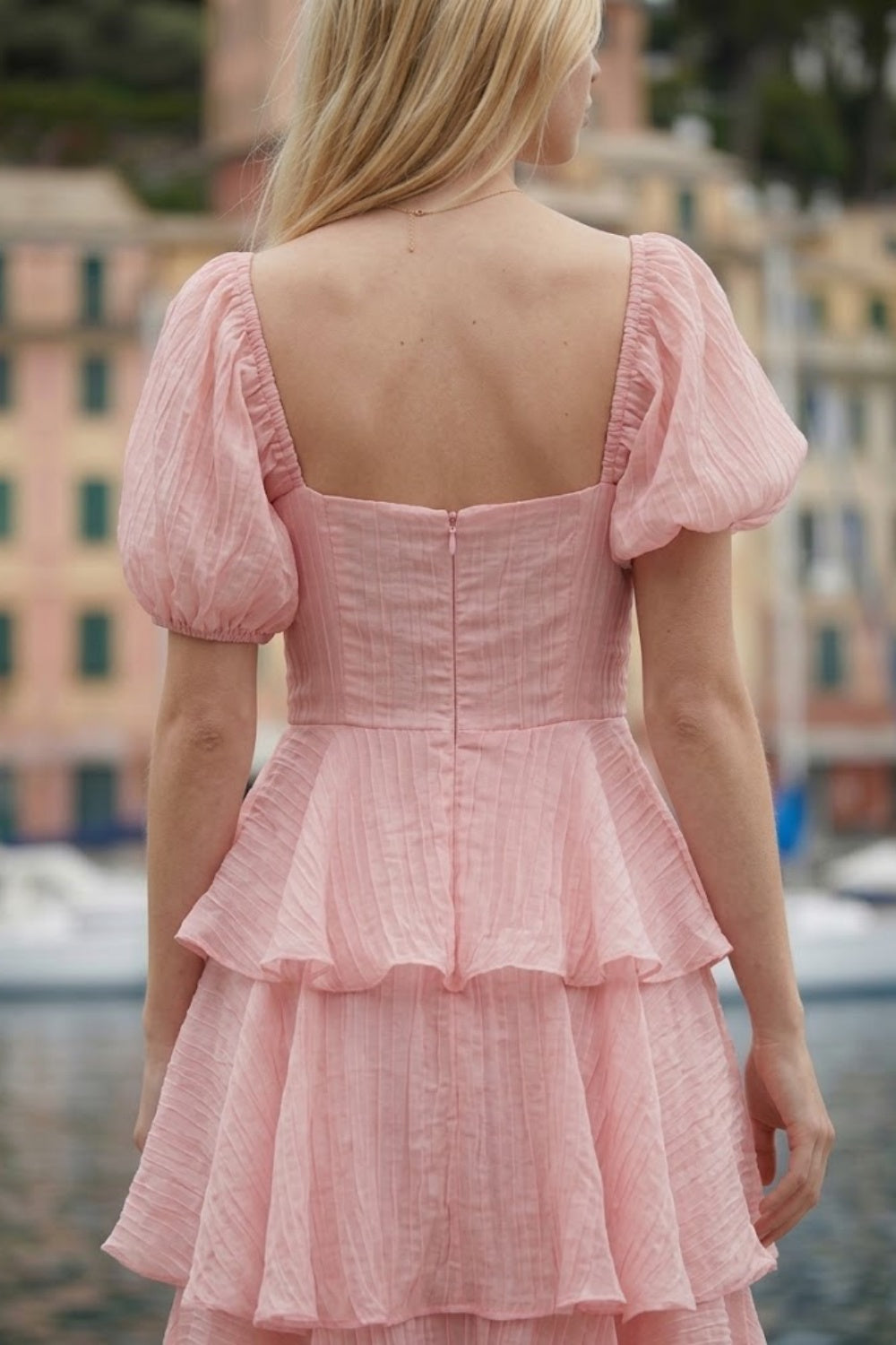 Pink A Line Square Neck Long prom Dress with Ruffles