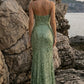 Sparkly Sage Mermaid Square Neck Long Prom Dress with Slit