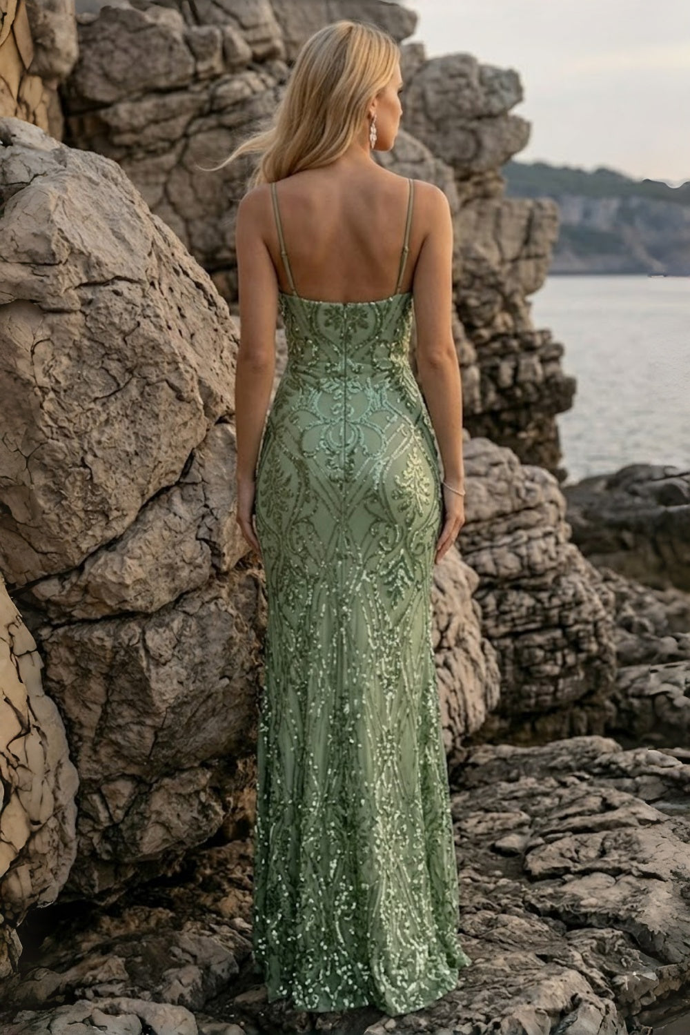 Sparkly Sage Mermaid Square Neck Long Prom Dress with Slit