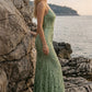 Sparkly Sage Mermaid Square Neck Long Prom Dress with Slit