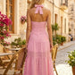 Pink Gingham A Line Halter Long Prom Dress with Cutout