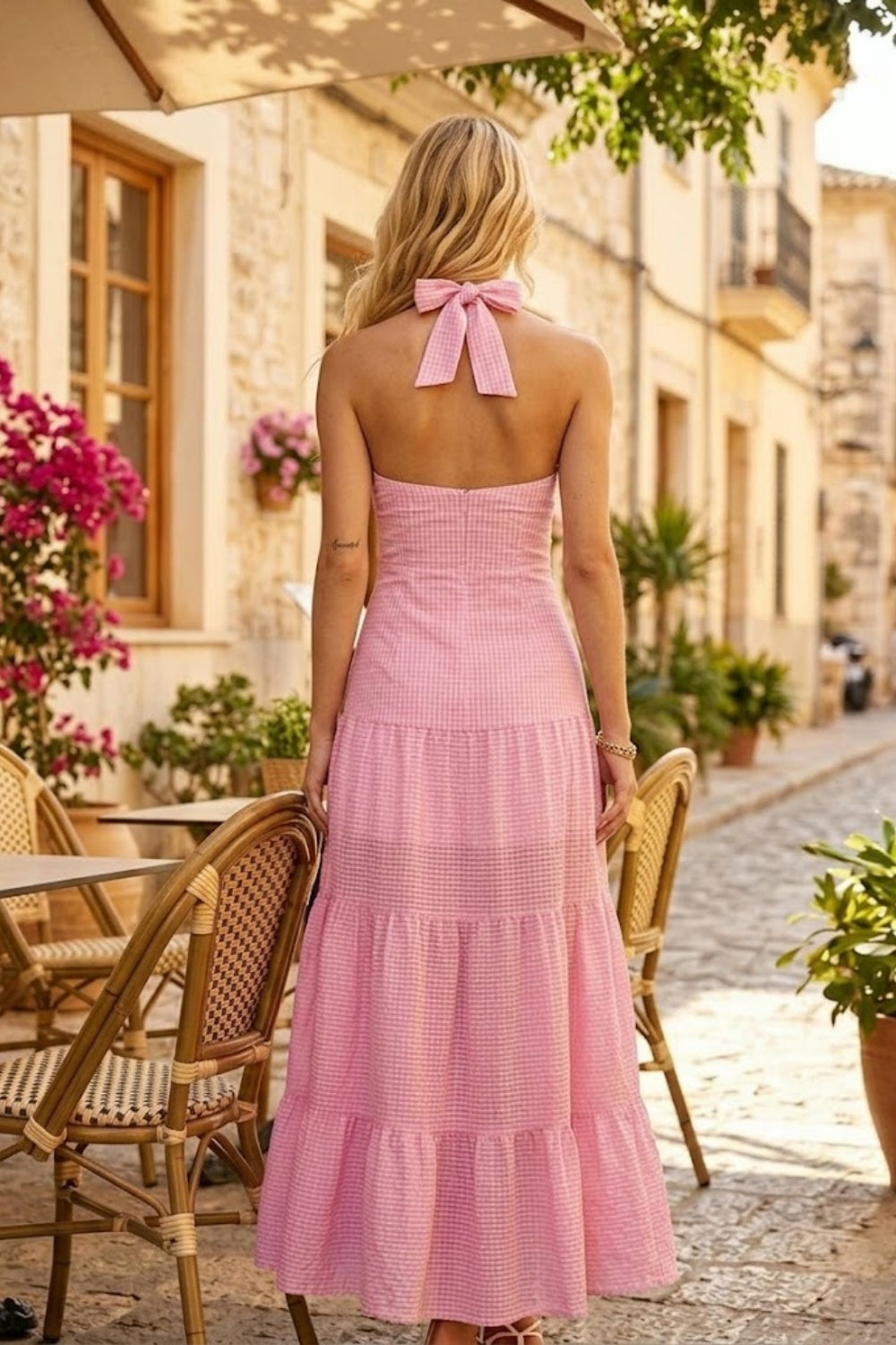 Pink Gingham A Line Halter Long Prom Dress with Cutout