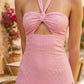 Pink Gingham A Line Halter Long Prom Dress with Cutout