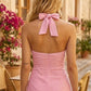 Pink Gingham A Line Halter Long Prom Dress with Cutout
