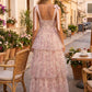 Pink Floral A Line Spaghetti straps Long Prom Dress with Tulle