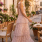 Pink Floral A Line Spaghetti straps Long Prom Dress with Tulle