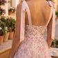 Pink Floral A Line Spaghetti straps Long Prom Dress with Tulle