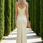 Simple Ivory Sheath Spaghetti Strap V-Neck Long Prom Dress