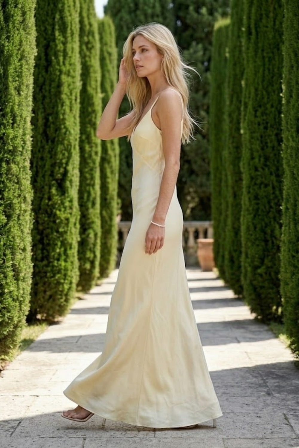 Simple Ivory Sheath Spaghetti Strap V-Neck Long Prom Dress
