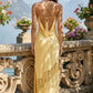 Light Yellow Sheath Cowl Neck Long Prom Dress with Lace
