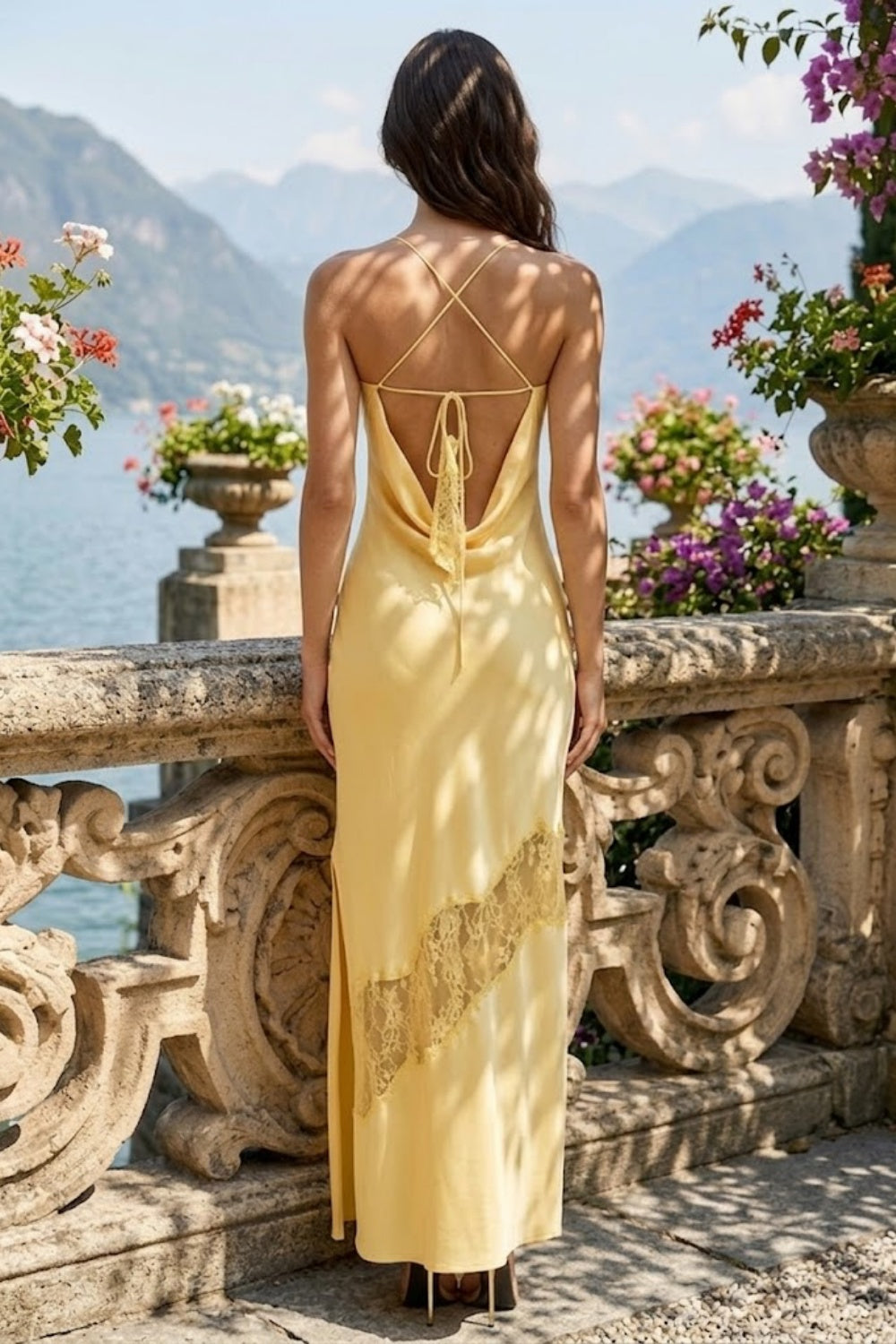 Light Yellow Sheath Cowl Neck Long Prom Dress with Lace