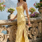 Light Yellow Sheath Cowl Neck Long Prom Dress with Lace
