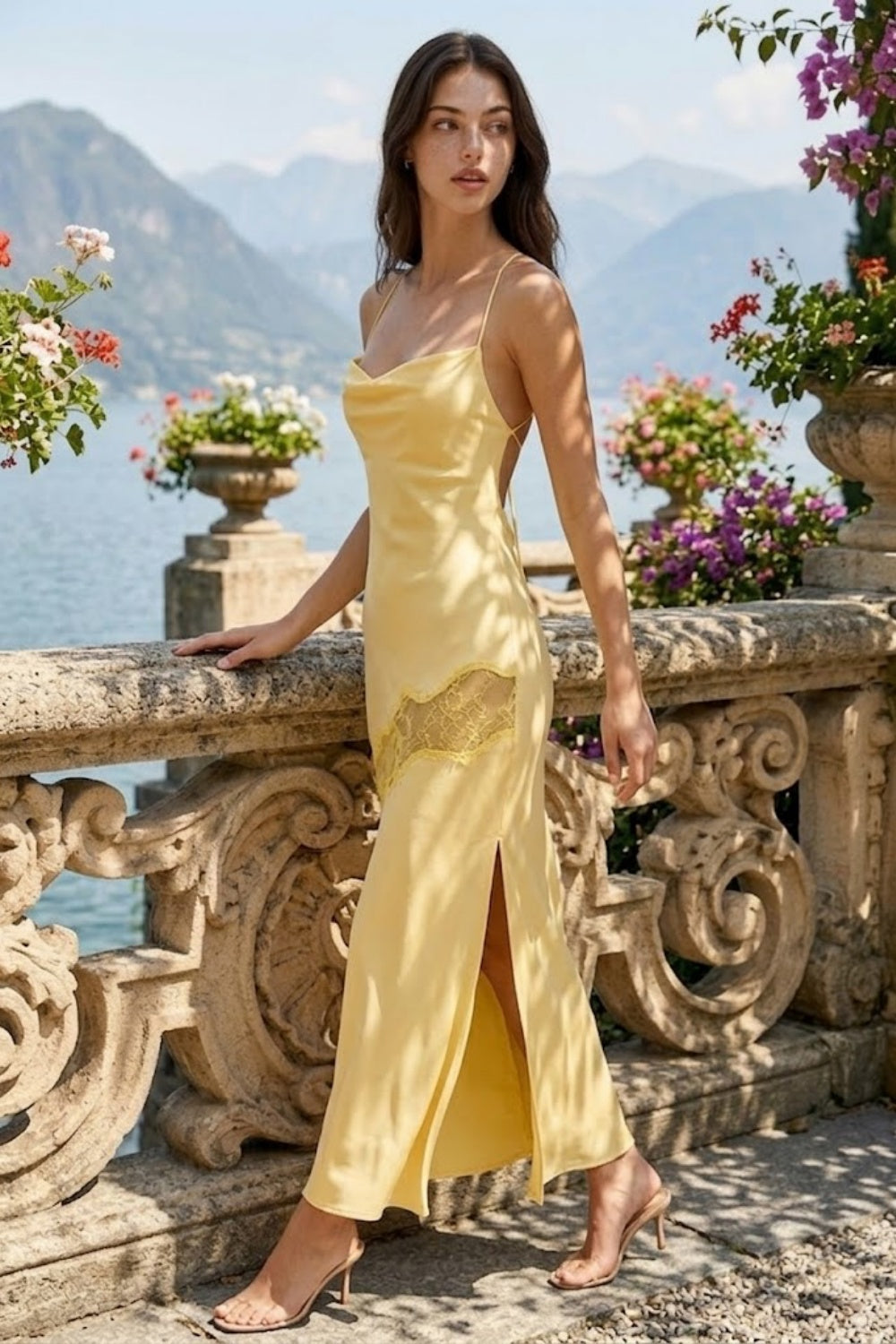 Light Yellow Sheath Cowl Neck Long Prom Dress with Lace