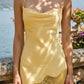 Light Yellow Sheath Cowl Neck Long Prom Dress with Lace