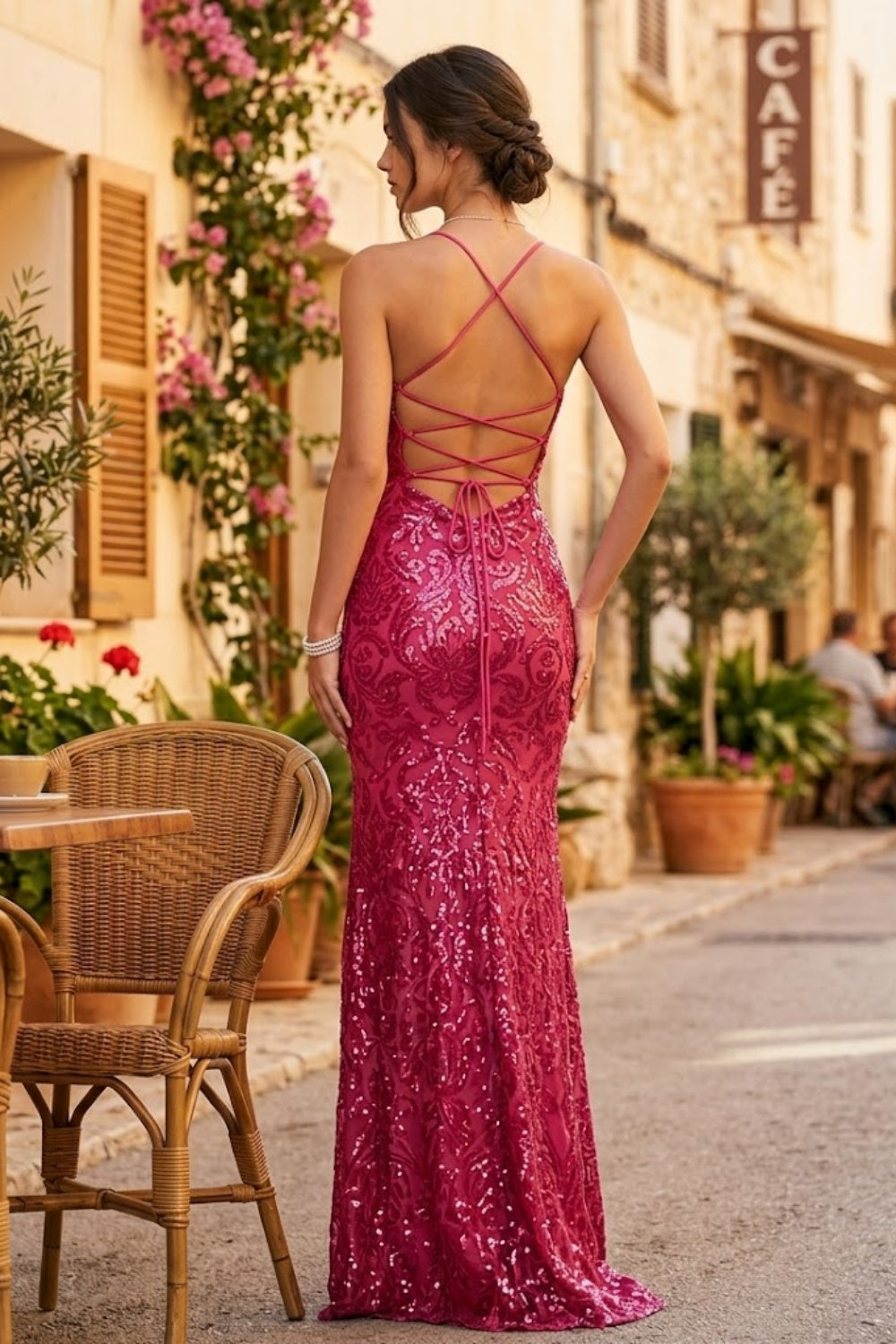 Fuchsia Mermaid Square Neck Long Prom Dress with Slit