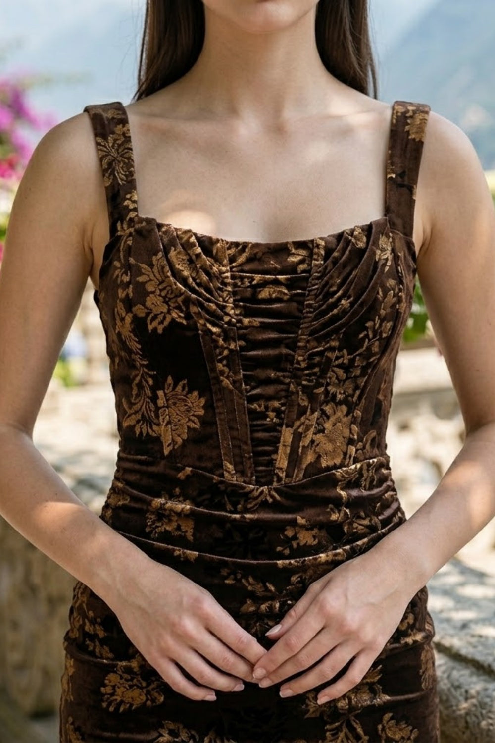 Brown Sheath Square Neck Long Formal Dress with Ruching