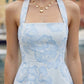 Blue Floral A-Line Halter Short Homecoming Dress with Appliques