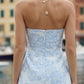 Blue Floral A-Line Halter Short Homecoming Dress with Appliques