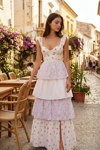 Floral White A Line Long Prom Dress with Ruffles