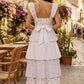 Floral White A Line Long Prom Dress with Ruffles