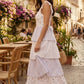 Floral White A Line Long Prom Dress with Ruffles