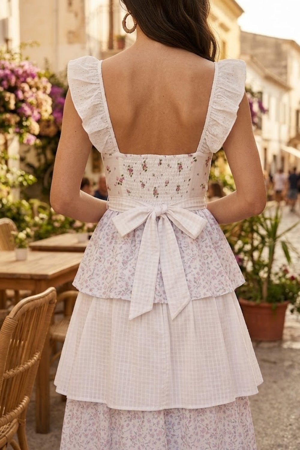 Floral White A Line Long Prom Dress with Ruffles