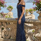 Navy Blue Mermaid Cold Shoulder Long Prom Dress with Sequins