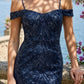 Navy Blue Mermaid Cold Shoulder Long Prom Dress with Sequins