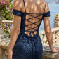 Navy Blue Mermaid Cold Shoulder Long Prom Dress with Sequins