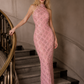 Pink Sheath High Neck Long Prom Dress with Rhinestone
