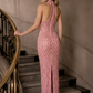 Pink Sheath High Neck Long Prom Dress with Rhinestone