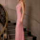 Pink Sheath High Neck Long Prom Dress with Rhinestone