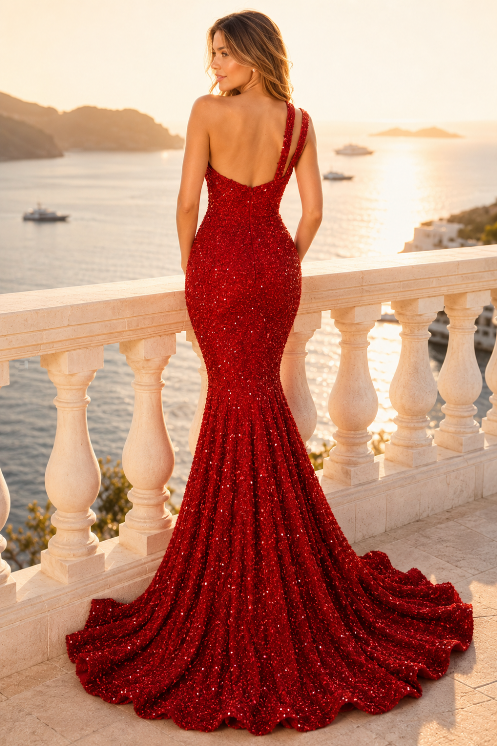 Sequin Red Mermaid One Shoulder Long Prom Dress
