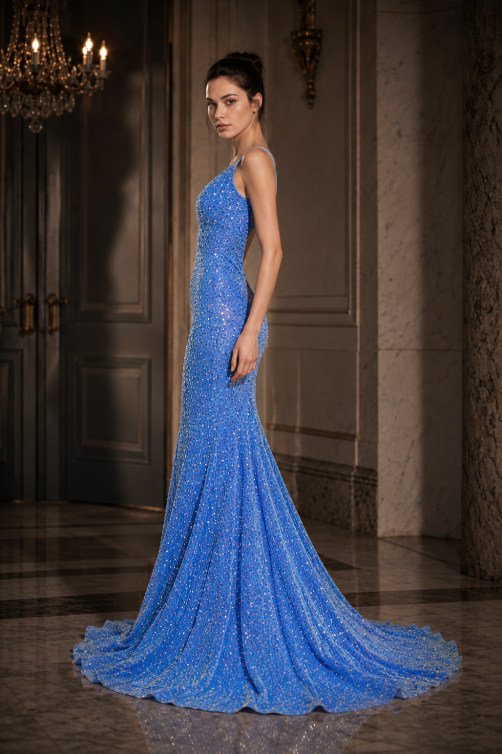 Sequin Blue Mermaid V Neck Long Prom Dress