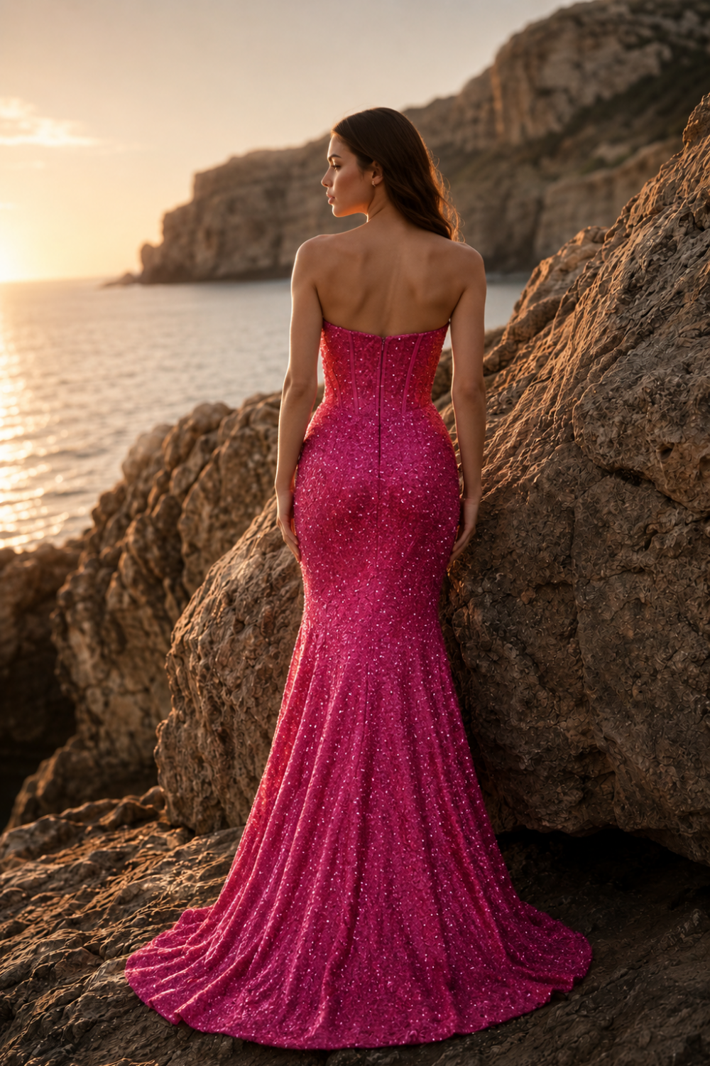 Corset Sequin Fuchsia Mermaid Sweetheart Long Prom Dress