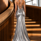 Corset Silver Sheath Cowl Neck Long Prom Dress with Slit