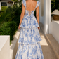 Blue Floral A Line Spaghetti Straps Long Vacation Dress with Ruffles