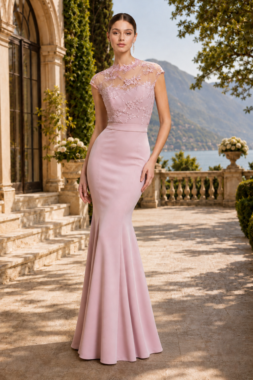Blush Pink Mermaid Illusion Neck Long Formal Dress with Lace