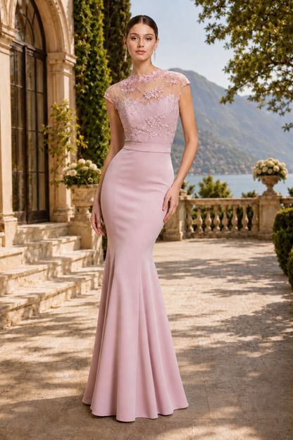 Blush Pink Mermaid Illusion Neck Long Formal Dress with Lace