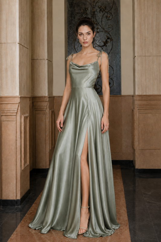 Sage A Line Cowl Neck Long Prom Dress with Slit