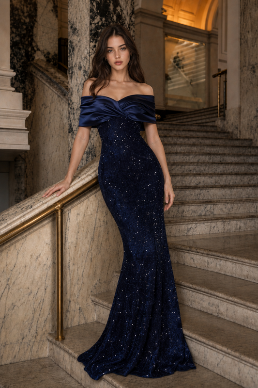 Navy Blue Mermaid Off-the-Shoulder Long Prom Dress with Sequins