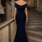 Navy Blue Mermaid Off-the-Shoulder Long Prom Dress with Sequins