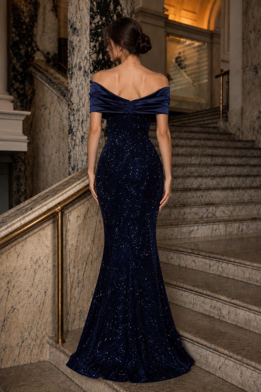 Navy Blue Mermaid Off-the-Shoulder Long Prom Dress with Sequins