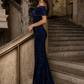 Navy Blue Mermaid Off-the-Shoulder Long Prom Dress with Sequins