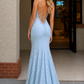 Light Blue Mermaid Spaghetti Straps Long Prom Dress with Lace
