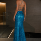 Teal Sheath Spaghetti Strap Sequin Long Prom Dress with Slit