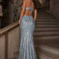 Light Blue Sheath Spaghetti Strap Sequin Cutout Long Prom Dress