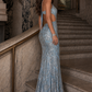 Light Blue Sheath Spaghetti Strap Sequin Cutout Long Prom Dress